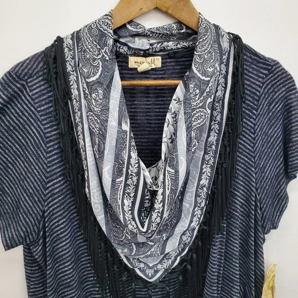 NWT OneWorld Scarf Neck Knit Top Womens 1X Gray Black‎ Paisley Short Sleeve - Picture 9 of 15